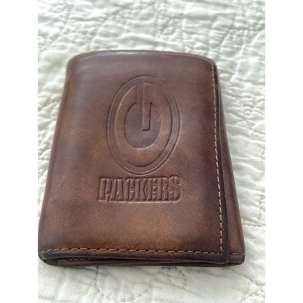 Vintage 1990s Green Bay Packers Genuine Leather Trifold Wallet Brown NFL Patina